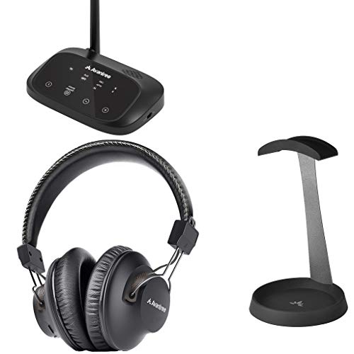 Avantree HT5009 & HS102, Bundle – Wireless Over-Ear Headphones for TV with Bluetooth Transmitter, No Audio Delay, Longe Range & Metal Headphone Stand Hanger wih Cable Storage Tray, Soft Silicone Skin