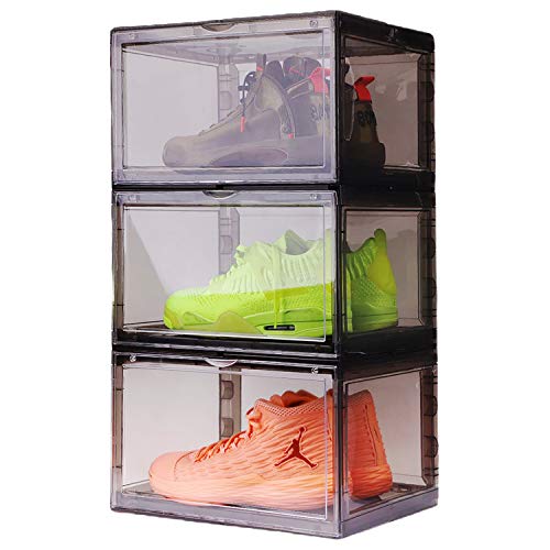 Reitu 3 Pack Shoe Storage Boxes, Clear Plastic Stackable Shoe Organizer Bins, Side Opening Sneaker Holder Containers For Men/Women sneaker Fit up to US Size 13 (Black)