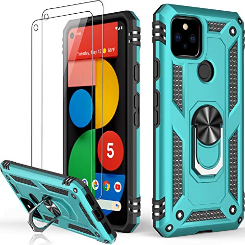 LUMARKE Google Pixel 5 Case with Glass Screen Protector(2 Pack),Pass 16ft Drop Test Military Grade Heavy Duty Cover with Magnetic Kickstand,Protective Phone Case for Google Pixel 5 Turquoise