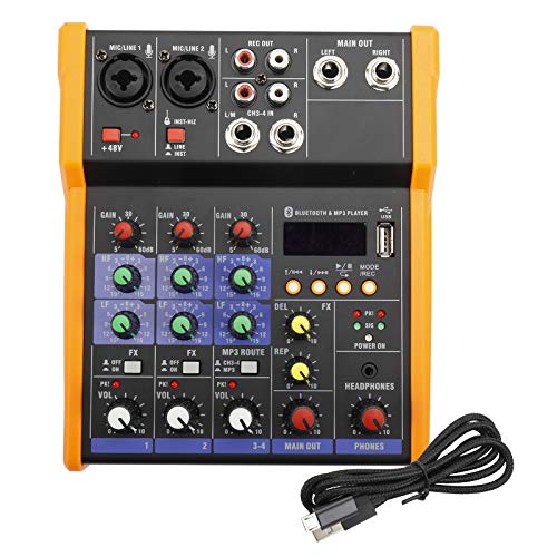 Patioer 4 Channel Audio Mixer Sound Board, Portable Sound Mixing Console with Sound Card, USB Audio Interface, DSP Processor, 48V Phantom Power Mixer for DJ Console Karaoke Recording Studio