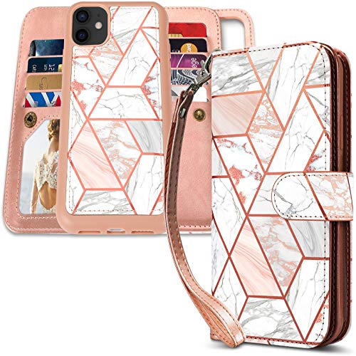 CASEOWL iPhone 11 Case, iPhone 11 Wallet Cases Magnetic Detachable with 9 Card Holder, Hand Strap for iPhone 11 6.1”, 2 in 1 Folio Flip Leather Lanyard Wallet&TPU Protective Case,Rose Marble