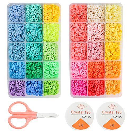 SUBANG 4800 Pieces 30 Light Colors Polymer Clay Beads Handmade Craft Beads Flat Round Spacer Beads for DIY Jewelry Necklace Bracelet Earring Craft Making