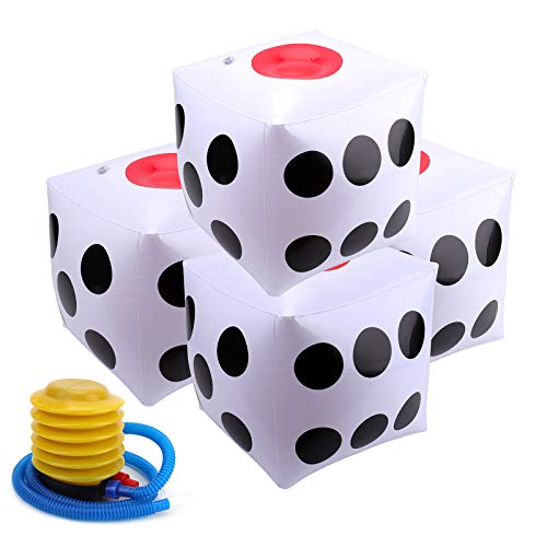 Suwimut 4 Pack Jumbo Inflatable Dice, 13 Inches White and Black Giant Inflatable Dice for Indoor and Outdoor Broad Game, Pool Party, Bonus 1 Pump