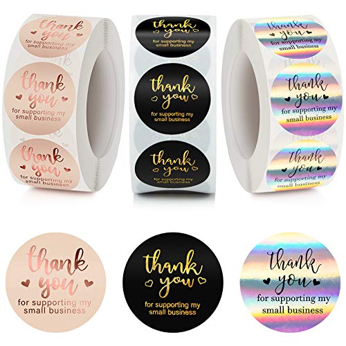 1500 Pieces Thank You Purchase Stickers Thank You Roll Labels Thank You for Supporting My Small Business Stickers Holographic Rose Gold Black for Business Stores, 3 Rolls (1 Inch)