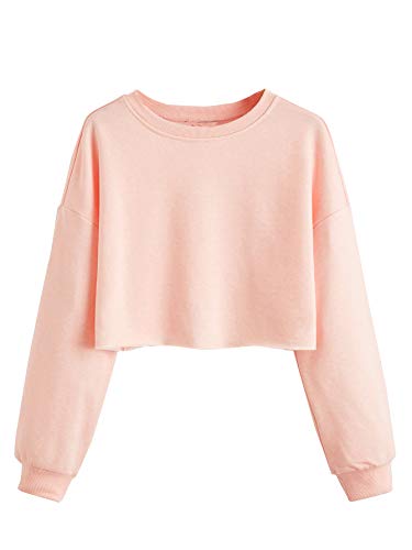 SweatyRocks Women’s Casual Long Sleeve Raw Hem Pullover Crop Tops Sweatshirts Pale Pink L