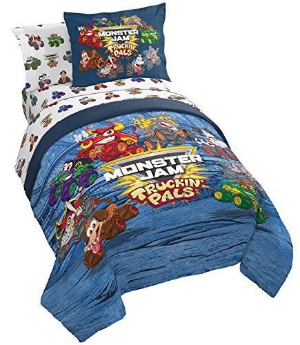 Monster Jam Truckin Pals 5 Piece Twin Bed Set – Includes Comforter & Sheet Set – Bedding Features Grave Digger & Megalodon – Super Soft Fade Resistant Microfiber (Official Monster Jam Product)