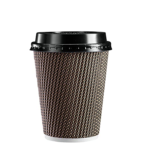[50 Sets – 12 oz.] Insulated Brown Patterned Ripple Paper Hot Coffee Cups With Lids (Lids Color May Vary)