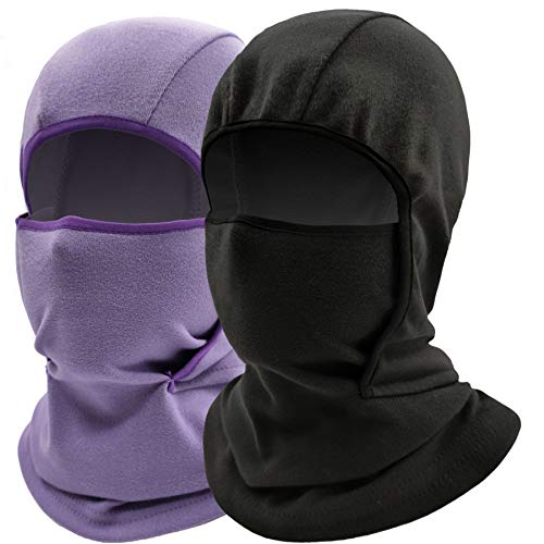 Kids Balaclava Ski Mask Windproof Fleece Neck Warmer Gaiter Winter Face Warmer for Cold Weather Boys Girls (2pcs Black+Purple)