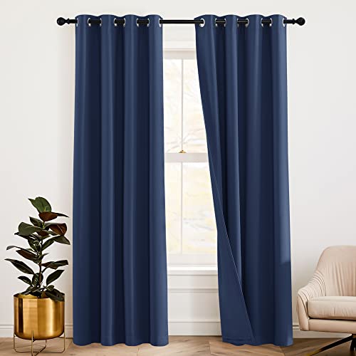 RYB HOME Soundproof Blackout Energy Effeciency 3-in-1 Curtain Set with Notoxic Detachable Liner for Home Office Theater Privacy Seperating Drapes, Navy Blue, W 52 x L 95 inches, 2 Pcs