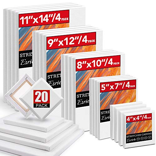 20 Packs Stretched Canvases with Multi Pack 4×4″, 5×7″, 8×10″,9×12″, 11×14″ (4 of Each) Primed White Blank- Good for Acrylic Oil Painting Wet or Dry Art Media