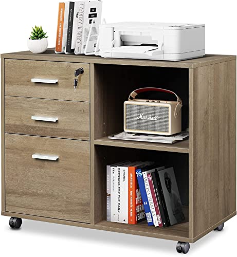 DEVAISE 3-Drawer Wood File Cabinet with Lock, Mobile Lateral Filing Cabinet, Printer Stand with Open Storage Shelves for Home Office, Gray Oak