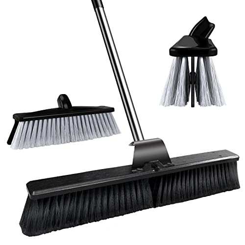 Masthome 24″ Large Push Broom,Outdoor Brooms with 57.6 in Stainless Steel Long Handle for Yard Floor Cleaning,Multi-Surface Stiff Bristles Garage Heavy Duty Broom,Extra 12″ Indoor/Outdoor Broom Head