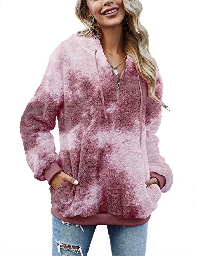 Romanstii Women’s Oversized Sherpa Pullover Pockets Hoodie 1/4 Zip Sweatshirt for Christmas Dark Pink XXL