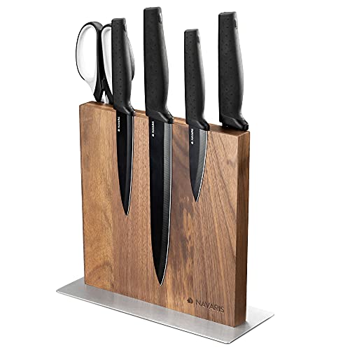 Navaris Wood Magnetic Knife Block – Double Sided Wooden Magnet Holder Board Stand for Kitchen Knives, Scissors, Metal Utensils – Walnut, 8.9 x 8.7 in