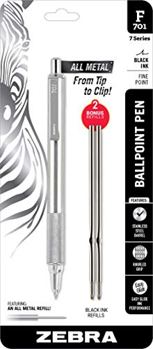 Zebra F-701 Metal Pen, Ballpoint Fine Point Stainless Steel Pen, Knurled Grip, 0.8mm Black Ink, Zebra F701 Retractable Silver Metal Pen with 2 Black Ink Refills in Pack For Women & Men 21213ELG