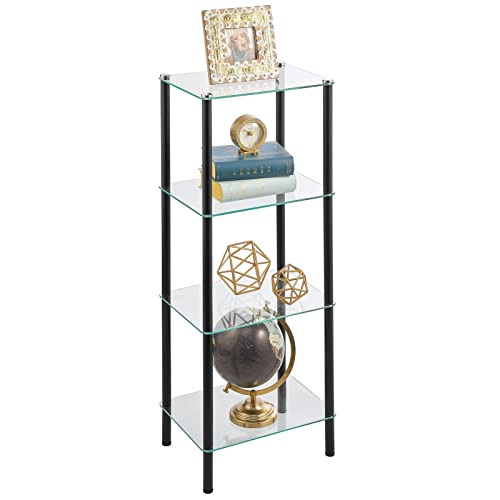 mDesign Tall 4-Tier Glass and Metal Freestanding Shelf Organizer Display Unit – Narrow Shelves for Bathroom, Kitchen, Bedroom, Office – Open Shelving for Book, Towel, and Handbags – Black/Clear