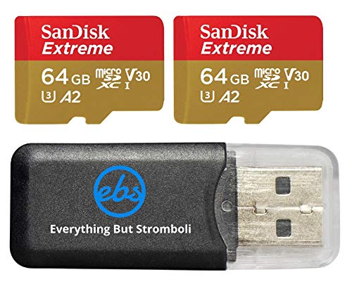 SanDisk Extreme 64GB (2 Pack) MicroSD Memory Card for DJI Mavic Mini 2, Mavic Mini, Mavic Air 2 Drone – C10 A2 V30 SDXC (SDSQXAH-064G-GN6MN) Bundle with (1) Everything But Stromboli Micro Card Reader
