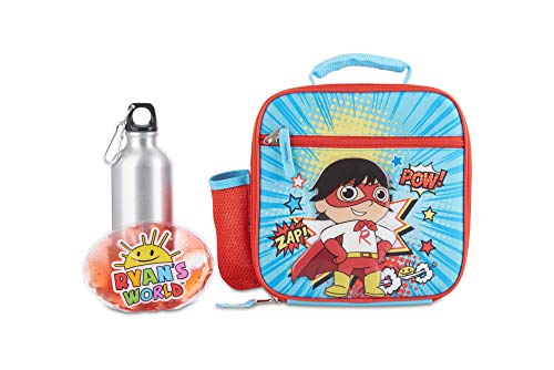 Ryan’s World Lunch Box Set for Boys & Girls, Stainless Steel Water Bottle with Carabiner Clip and Ice Pack, Insulated & Waterproof Lunch Bag with Zipper, 4 Pieces