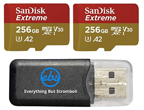 SanDisk Extreme V30 A2 (2 Pack) 256GB MicroSD Card for DJI Mavic Mini 2, Mavic Mini, Mavic Air 2 Drone – C10 U3 A2 (SDSQXA1-256G-GN6MN) Bundle with 1 Everything But Stromboli Micro Memory Card Reader