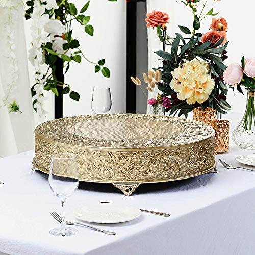 TABLECLOTHSFACTORY 22″ Round Gold Embossed Metal Cake Plateau Stand Riser Wedding Dessert Display Plate