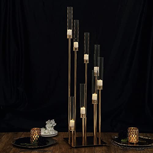 TABLECLOTHSFACTORY 24″ | 8 Arms Gold Cluster Candle Holder with 8 Glass Shades, Large Candle Arrangement