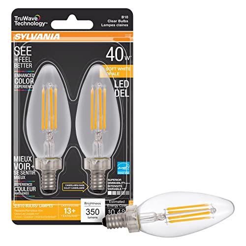SYLVANIA LED TruWave Natural Series Décor B10 Chandelier Light Bulb, 40W Equivalent Efficient 4W, Candelabra Base, Dimmable, 350 Lumens, Clear, 2700K, Soft White – 2 Pack (40794)