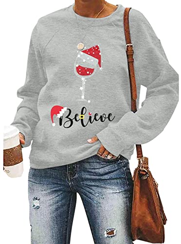 ALLTB Believe Merry Christmas Sweatshirt Womens Christmas Wine Glass Print Blouse Tops Raglan Sleeve Holiday Shirt