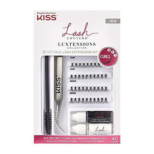 KISS Lash Couture LuXtensions Collection 3D DIY Faux Lash Extensions Kit, with Semi-Permanent Lash Adhesive, Adhesive Remover, Precision Tweezer, Spoolie Mascara Wand, and 40 Lash Clusters