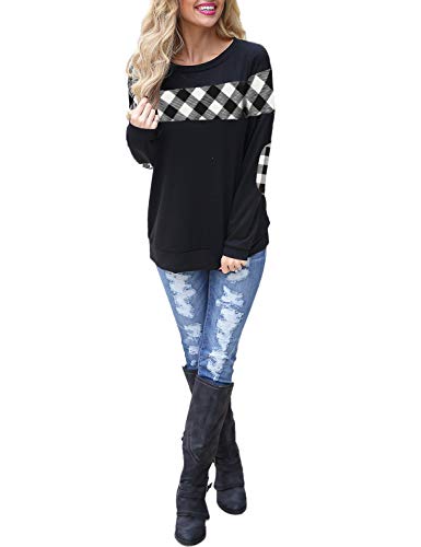 Blooming Jelly Women’s Color Block Plaid Shirt Crewneck Sweatshirt Elbow Patches Pullover Sweatshirt Top (Large, Black White Plaid)