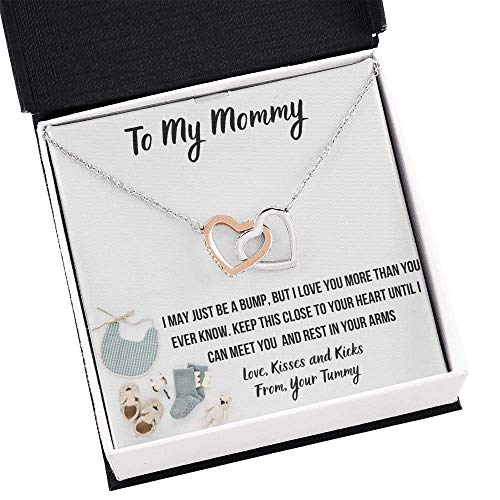 To My Mommy “Baby F” Interlocking Hearts Necklace with Message Card and Gift Box. Baby Shower Present. Gift for Pregnant Mom