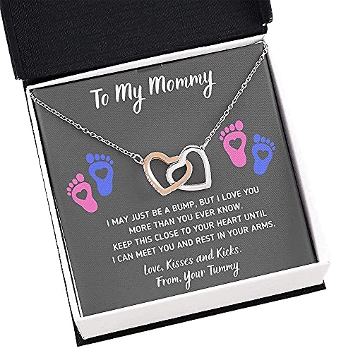 To My Mommy “Heart-Feet” Interlocking Hearts Necklace with Message Card and Gift Box. Baby Shower Present. Gift for Pregnant Mom