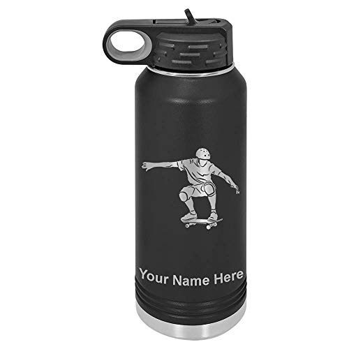 LaserGram 32oz Double Wall Flip Top Water Bottle With Straw, Skateboarding, Personalized Engraving Included (Black)