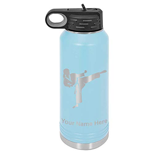 LaserGram 32oz Double Wall Flip Top Water Bottle With Straw, Karate Woman, Personalized Engraving Included (Light Blue)