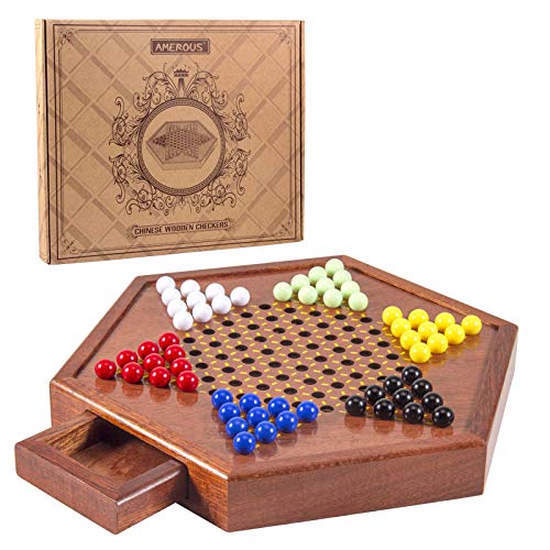 AMEROUS 12.5 inches Wooden Chinese Checkers Set with Storage Drawer – 60 Acrylic Marbles in 6 Colors – 12 Bonus Spare Marbles, Classic Strategy Family Board Game for Kids and Adults