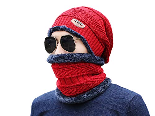 2 Pieces Winter Hat Scarf Set Warm Knit Thick Beanie Scarves Knitted Cap for Men (Red)