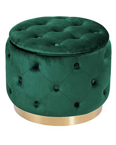 DEERUN Modern Velvet Tufted Button Upholstered Round Storage Ottoman Foot Rest Stool, Vanity Stool, Green