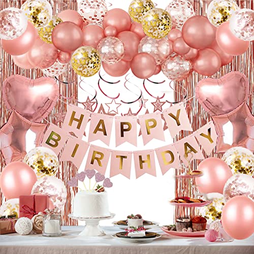 Rose Gold Birthday Party Decorations, Happy Birthday Banner, Rose Gold Fringe Curtain, Heart Star Foil Confetti Balloons, Hanging Swirls for Women Girls Birthday Princess Party