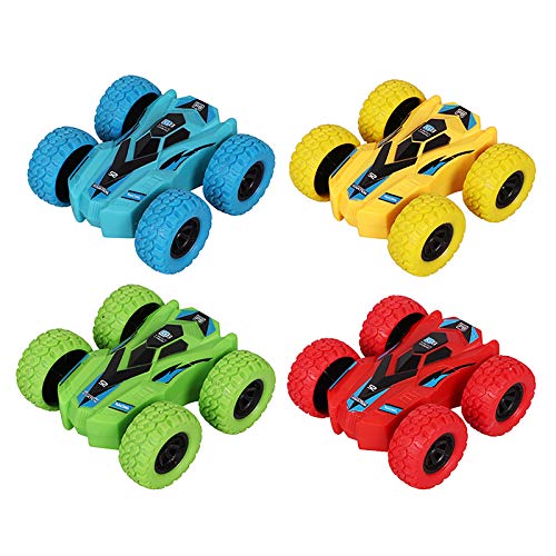 Pull Back Cars, 4 Pack Monster Toys Truck Double-Sided Friction Powered Vehicles Flips Shockproof Inertia Cars Push and Go Vehicles for Toddlers Kids Birthday Christmas Party Supplies Gift
