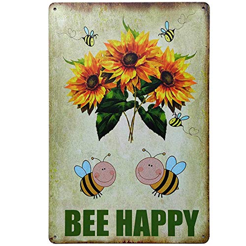 TISOSO Bee Happy Vintage Sunflower Metal Sign Garden Decorative Plaque Farmhouse Country Home Decor Coffee Bar Signs 8X12Inch