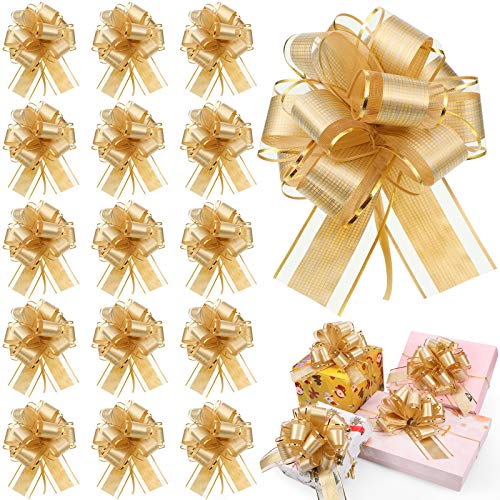 20 Pieces Pull Bow Gift Wrapping Pull Bow Ribbon Pull Bows for Christmas Wedding Baskets Valentine’s Day Bows Multicolor Ribbon Bow for Gift Wrapping, 6 Inches Diameter (Gold)