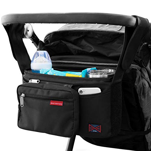 Bag Nation Universal Stroller Organizer Caddy Featuring Cup Holders, Large Main Pocket Compatible with Uppababy, Baby Jogger, Britax, Bugaboo, BOB, Umbrella and Pet Stroller – Black