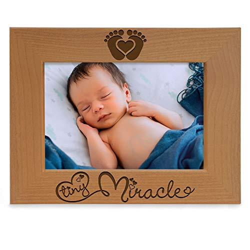 KATE POSH Tiny Miracle Engraved Natural Wood Picture Frame, New Baby Frame Gift, New Mom, New Dad, Newborn Baby Gift, Gender Reveal Gift (5×7 Horizontal)