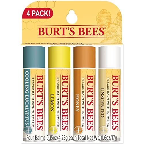 Burt’s Bees 100% Natural Rescue Lip Balm, Cooling Eucalyptus, Lemon, Honey, Unscented, 4 Tubes