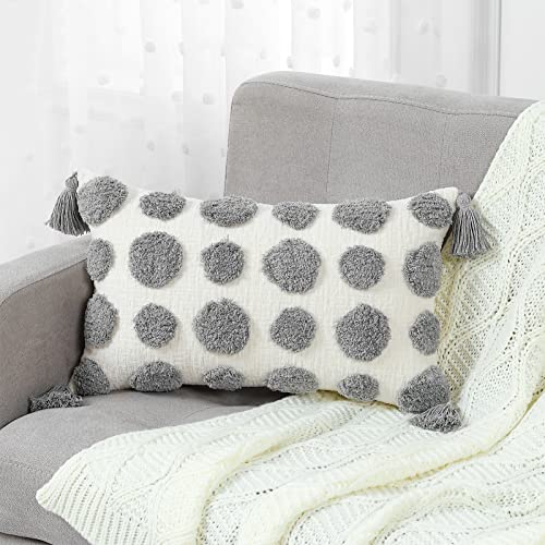 MingBo Boho Lumbar Throw Pillow Covers 12×20 Gray, Decorative Pillow Cover Soft Tufted Cushion Case with Tassels for Living Room Couch Bed Sofa, 1 PC, No Pillow Insert