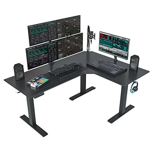 FEZIBO Triple Motor L-Shaped Electric Standing Desk, 63 Inches Height Adjustable Stand up Corner Desk, Sit Stand Workstation with Splice Board, Black Frame/Black Top