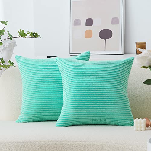 Home Brilliant Green Throw Pillow Covers for Couch Square Boy Bedroom Super Soft Corduroy Striped Set of 2 Euro Shams for Office, 26 x 26 Inch, Aqua Blue