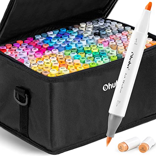 Ohuhu Alcohol Art Markers Set, 216-color Double Tipped Brush & Chisel Sketch Marker, Alcohol-based Brush Markers, Comes w/ 1 Blender for Sketching, Adult Coloring, and Illustration -Honolulu Series