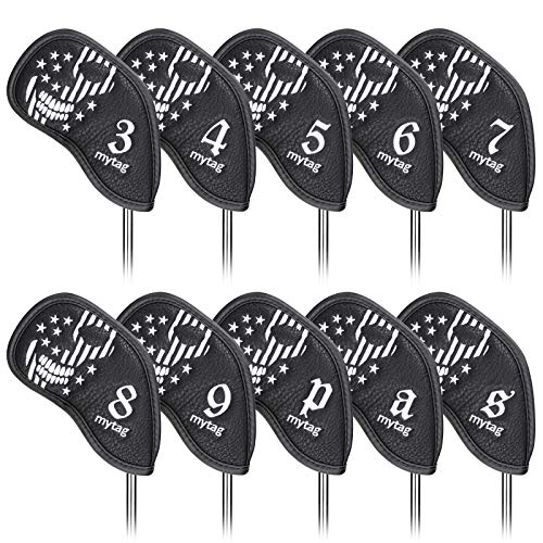 caiobob Mytag Golf Iron Head Cover Wedge Headcover Set Black Synthetic Leather Skull Skeleton Irons Protector (10pcs Iron Set(3,4,5,6,7,8,9,P,A,S))