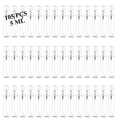 Mini Spray Bottles 105PCS 5ML Clear Glass Perfume Bottles Refillable Fine Mist Spray Bottles Empty Fragrance Scent Sample Spray Containers Cosmetics Make up Atomizer for Cleaning,Travel,Essential Oils