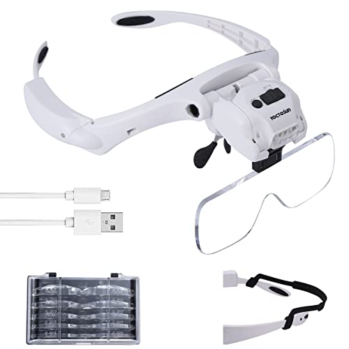 YOCTOSUN Head Magnifier with 5 LED Lights, Rechargeable Headband Magnifying Glass with 5 Interchangeable 1.2X, 1.8X, 2.5X, 3.5X, 4.5X Lenses, Great Magnifying Glasses for Jewelry, Arts and Crafts